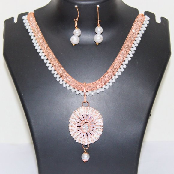 Rose Gold Pearl Necklace Set  Rose Gold Pendant Necklace White Pearl Pendant Set - Picture 2 of 2
